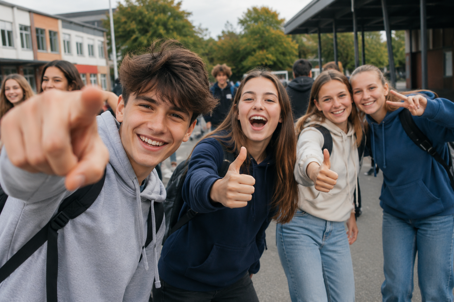 Schuelerinnen und Schueler in Hoodies auf dem Schulhof
